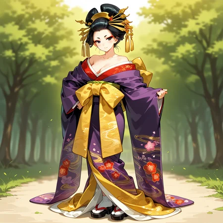 <lora:tamadayu-IL_v1:0.6>tamadayu-, nihongami, oiran, hair up hairstyle, BREAK
datehyogo, takashimada, BREAK
hair ornament, hair stick, kanzashi, BREAK
topknot, BREAK
1girl, solo, black eyes, black hair, cleavage, looking at viewer, BREAK
japanese clothes, kimono, wahuku, black purple sleeves, long sleeves, gold line, BREAK
long skirt, gold line, BREAK
medium breasts, BREAK
geta,
standing,
master piece, beatuiful face, best quality,