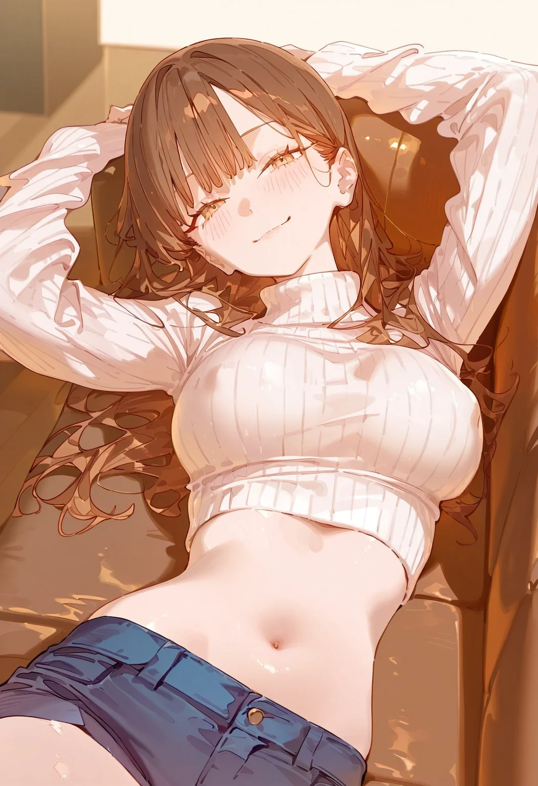 <lora:bml0dHN1X25pdHRzdQ==-illustriousXL_v01_V1-CAME-000035>, bml0d, 1girl, navel, solo, brown hair, sweater, looking at viewer, long hair, blush, half-closed eyes, stomach, shorts, arms up, brown eyes, midriff, closed mouth, smile, cropped sweater, white sweater, long sleeves, lying, on back, grey sweater, blue shorts, short shorts, turtleneck sweater, couch, crop top, indoors, turtleneck, light smile, blunt bangs