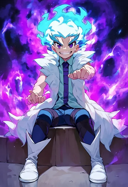 Score_9, Score_8_up, Score_7_up, source_anime, 1boy, luishirosagi, light blue and white hair, purple eyes, sitting, dominant pose, aura, mocking smile, negative_hand,