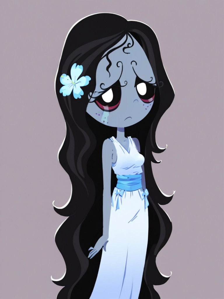 score_9, score_8_up, score_7_up,  
1girl, misery gloom,  black hair, black sclera, white eyes, grey skin,  very long hair, wavy hair, hair flower,

white dress, sleeveless, long dress, small breasts,

standing, looking at viewer, half-closed eyes,


