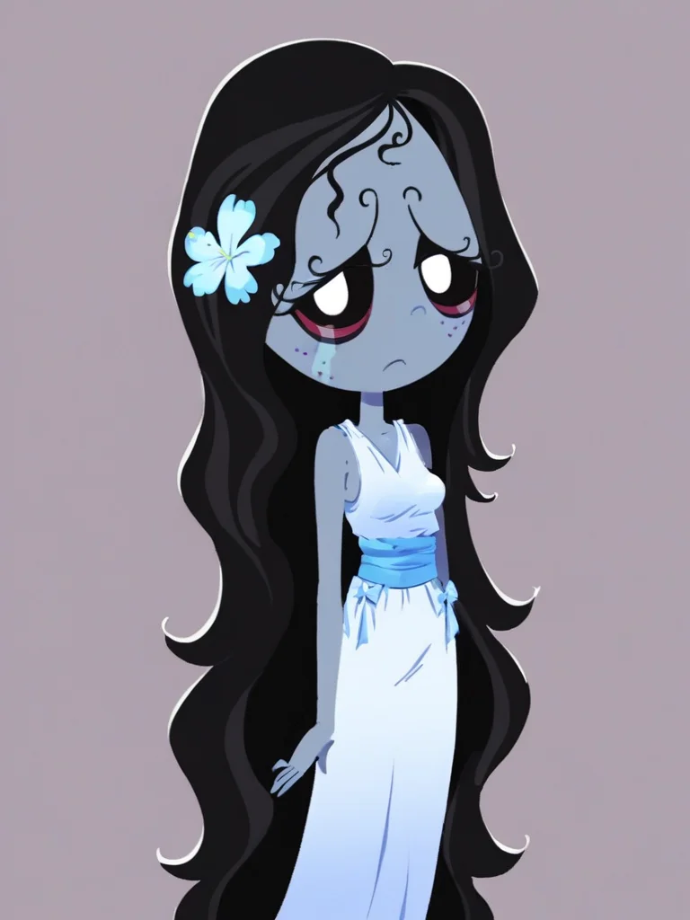 score_9, score_8_up, score_7_up,
1girl, misery gloom, black hair, black sclera, white eyes, grey skin, very long hair, wavy hair, hair flower,
white dress, sleeveless, long dress, small breasts,
standing, looking at viewer, half-closed eyes,