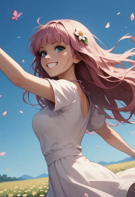 score_9, score_8_up, score_7_up, score_6_up, score_5_up, 1girl, solo, Sana Kashimura, Dutch angle, close to viewer, big smile, arms outstretched, running through a field of lavender, petals everywhere, butterflies everywhere, cinematic, blue sky, summer dress, flowers in hair, masterpiece, in motion, motion blur, film grain, (looking off frame:1.6), view from below and side, dramatic lighting