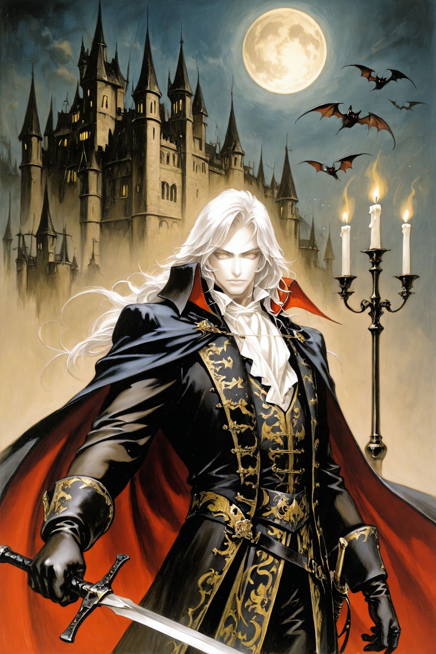 bat \(animal\),castle,weapon,1boy,candle,male focus,moon,long hair,sword,solo,full moon,gloves,vampire,cape,traditional media,white hair,holding weapon,bishounen,yellow eyes,candlestand,pale skin,night,holding,holding sword,painting \(medium\),facial hair,
<lora:Ayami Kojima_illustriousXL:1.2>,