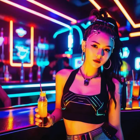 Bar photo,best picture quality,masterpiece,<lora:barphoto_XL:0.6>,- Features: The girl is dressed in cyberpunk style clothing,wearing futuristic accessories such as glowing earrings or necklaces,holding a smartphone with a high-tech appearance,with a confident and curious expression.,
- Atmosphere: The lighting inside the bar is neon-colored,with interwoven light and shadow,creating a strong sense of the future and technology,with a touch of mystery.,
- Style: The style of the picture is distinct,combining the typical elements of cyberpunk,such as metal texture,cold light colors,and digital screens,the girl's actions and expressions complement the environment.,
- Background: The interior of the cyberpunk bar,with decorations full of a sense of technology,such as LED screens,fiber optic lights,and holographic projections,as well as furniture designs full of futurism.,
- Lighting: Use cold light colors and neon light effects to emphasize the cyberpunk characteristics of the bar,while highlighting the girl's silhouette and expression through light and shadow effects.,