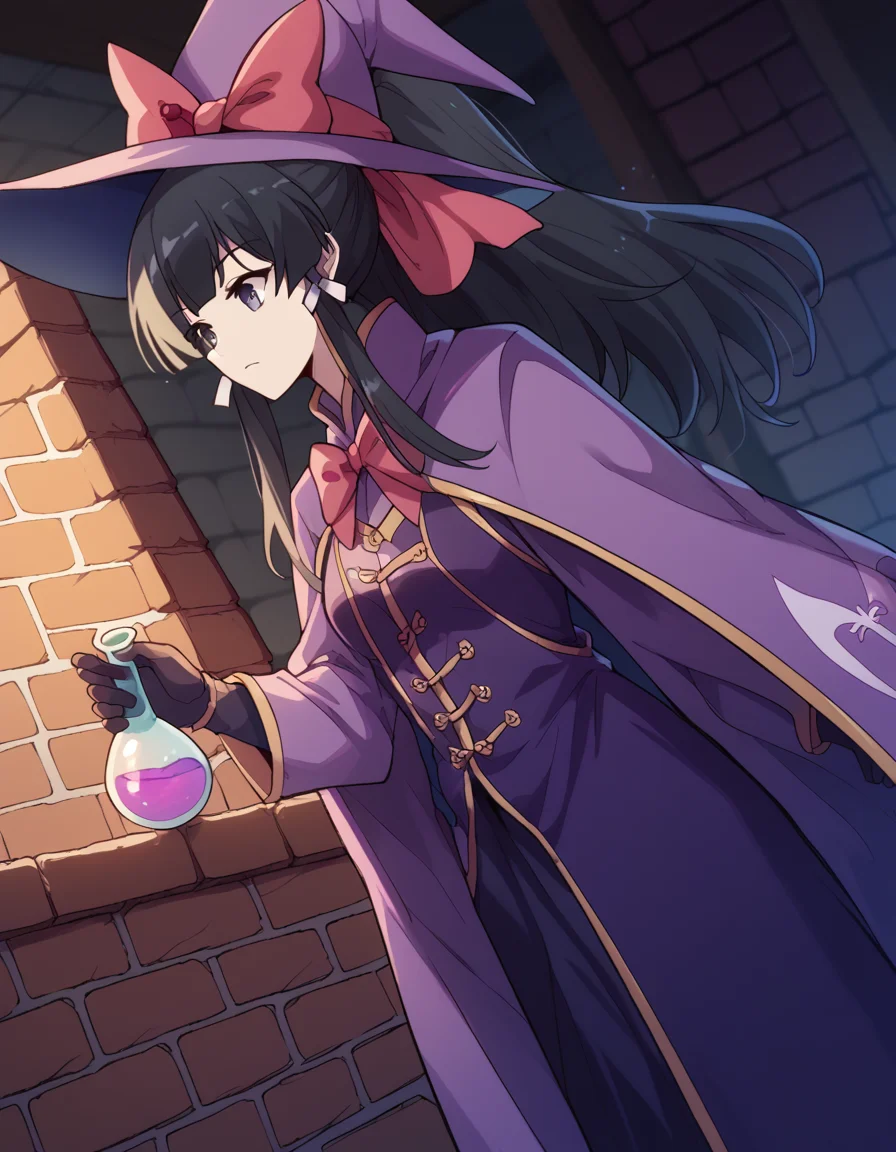 score_9, score_8_up, score_7_up, source_anime, <lora:yae-kokonoe-s2-ponyxl-lora-nochekaiser:1>, yae kokonoe, long hair, bangs, black hair, bow, ribbon, hair ribbon, ponytail, hair bow, black eyes, grey eyes, medium breasts,, <lora:wizard-ponyxl-lora-nochekaiser:1>, wizard, wizard hat, robe, dress, long sleeves, gloves,, indoors, bricks, potion, flask, vial,, cowboy shot,, , dutch angle, cowboy shot