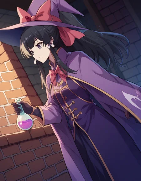 score_9, score_8_up, score_7_up, source_anime, <lora:yae-kokonoe-s2-ponyxl-lora-nochekaiser:1>, yae kokonoe, long hair, bangs, black hair, bow, ribbon, hair ribbon, ponytail, hair bow, black eyes, grey eyes, medium breasts,, <lora:wizard-ponyxl-lora-nochekaiser:1>, wizard, wizard hat, robe, dress, long sleeves, gloves,, indoors, bricks, potion, flask, vial,, cowboy shot,, , dutch angle, cowboy shot