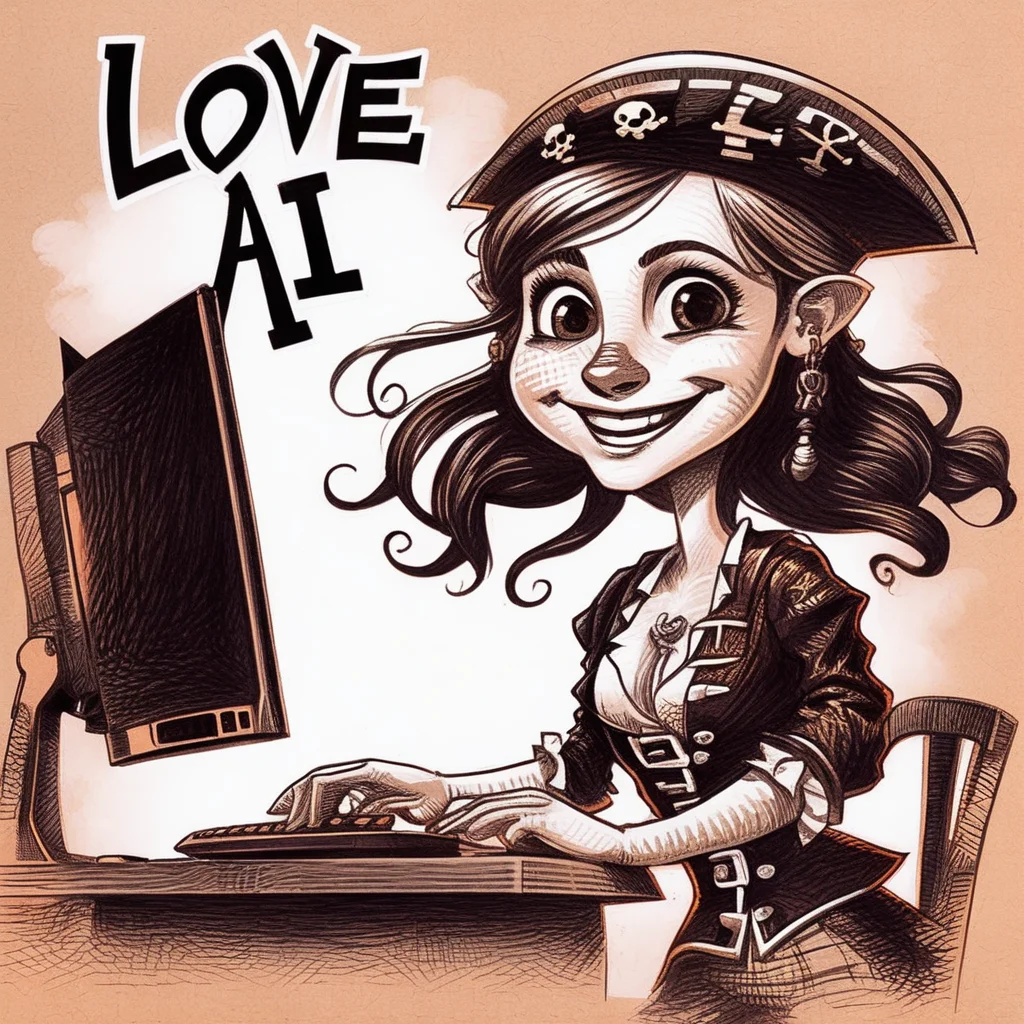 drawix5 drawing portrait of a cheerful pirate girl, in front of a computer, the inscription "LOVE AI" <lora:drawix5:1>