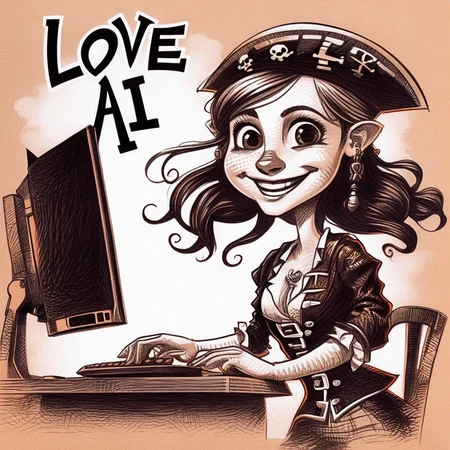drawix5 drawing portrait of a cheerful pirate girl, in front of a computer, the inscription "LOVE AI" <lora:drawix5:1>