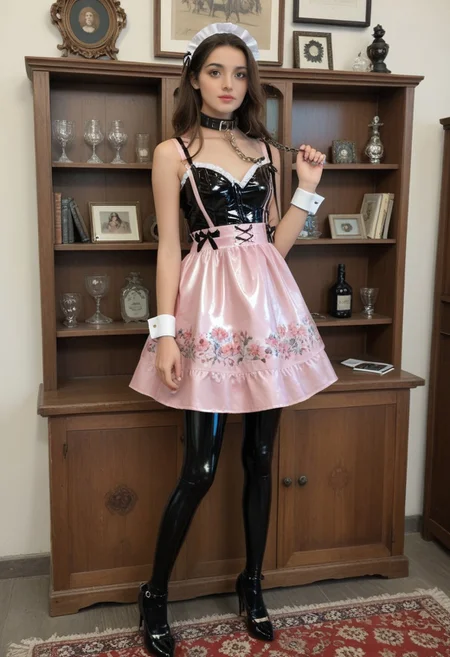 (photo-realistic face with middle eastern skin:1.4),
(photo-realistic high resolution, Focus full body from a far distance, 1 young woman front facing:1.3), perfect face ca45mv7-100,
1 young woman, reddish golden long hair,
(glossy very_shiny floral printed shiny (((transparent black clear_latex))) maid, dress, bare shoulders, transparent pink apron:1.5),
(padlock collar, wrist cuffs, wrist cuffs attached to collar with long chains:1.5),
very glossy ultra high heels, tip toe, in a old fashioned parlor with bookshelves