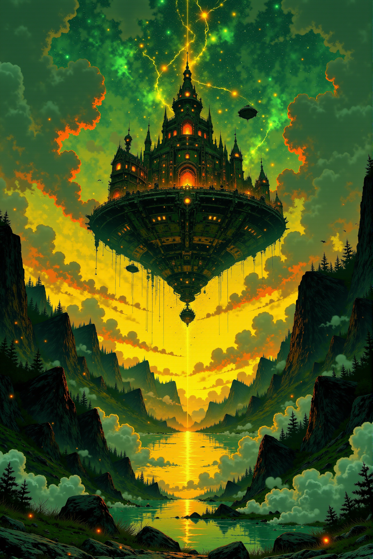 <lora:Vibrantly_Dark_style_v.1:0.85> VibrantlyDark style. Floating Celestial Fortress Above a Mystical Valley. A magnificent sci-fi fantasy scene depicting a colossal floating fortress hovering above a mountain valley, its gothic spires adorned with intricate metallic embellishments and pulsating energy conduits. A fiery beam of golden light descends from the structureâs core, illuminating the tranquil waters of a reflective river below. The sky is a dazzling tapestry of deep emerald and fiery orange hues, with swirling cosmic clouds and distant stars shimmering in the background. The surrounding landscape is lush and surreal, with steep cliffs and dense forests bathed in the fortressâs radiant glow. Small aerial vehicles or distant birds silhouette against the celestial expanse, enhancing the scale and grandeur of this impossible structure. The art style combines baroque architectural detailing with cinematic sci-fi grandeur, merging high fantasy with interstellar mysticism in a vision of unparalleled epic majesty.
