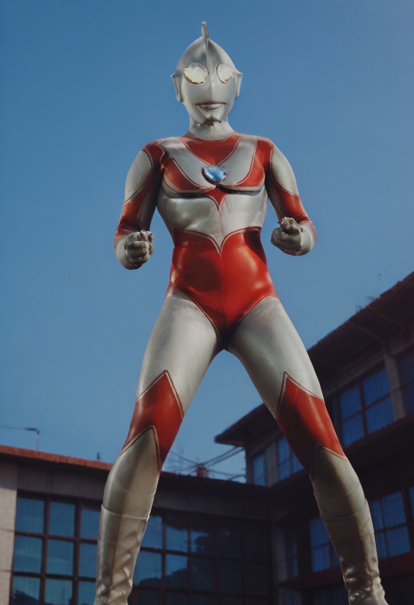 score_9, score_8_up, score_7_up, score_6_up, score_5_up, score_4_up,male focus,ultraman,a city where the remains of a slain monster remain, ultraman about to fly into the sky after the battle, a giant superhero taller than a building, the light on his chest is flashing red, no human,alien,giant superhero,silver head,hard mask,yellow glowing eyes,silver rubber bodysuit with red line, slim,glowing hemisphere on the chest,Double line,silver gloves and boots,no smile,no eyes,no nose,slim,huge,angle from below,negative_hand