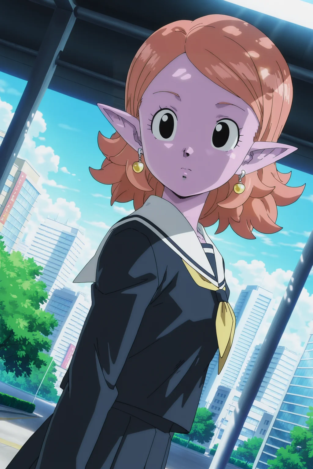 anime screencap, masterpiece, best quality, amazing quality, very aesthetic, absurdres,  newest, (scenery, volumetric lighting),
chronoa, potara earrings, orange hair, pointy ears, black eyes, colored skin, purple skin, official style, school uniform, city, outdoors, dutch angle, dappled sunlight, 
<lora:Chronoa_IL:0.8>