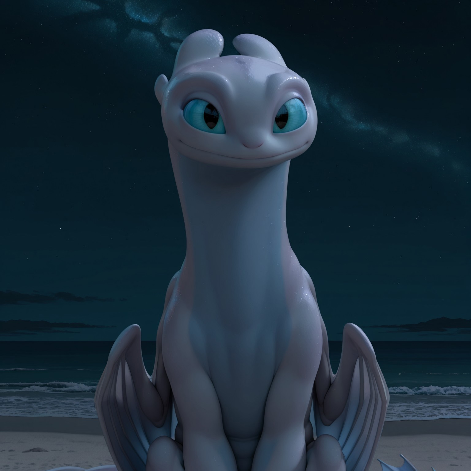 8k, uncensored, masterpiece, best quality, highly detailed, realistic, 1girl, solo, LightFuryHTTYD,furry, feral, dragon, scalie, light-blue sclera, black eyes, white body, white scales, light-blue body, light-blue scales, two tone body, two tone scales, dragon wings, long tail, smile, closed mouth, (looking at viewer, sitting, sand, night sky, stars, ocean, front view, detailed background, upper body