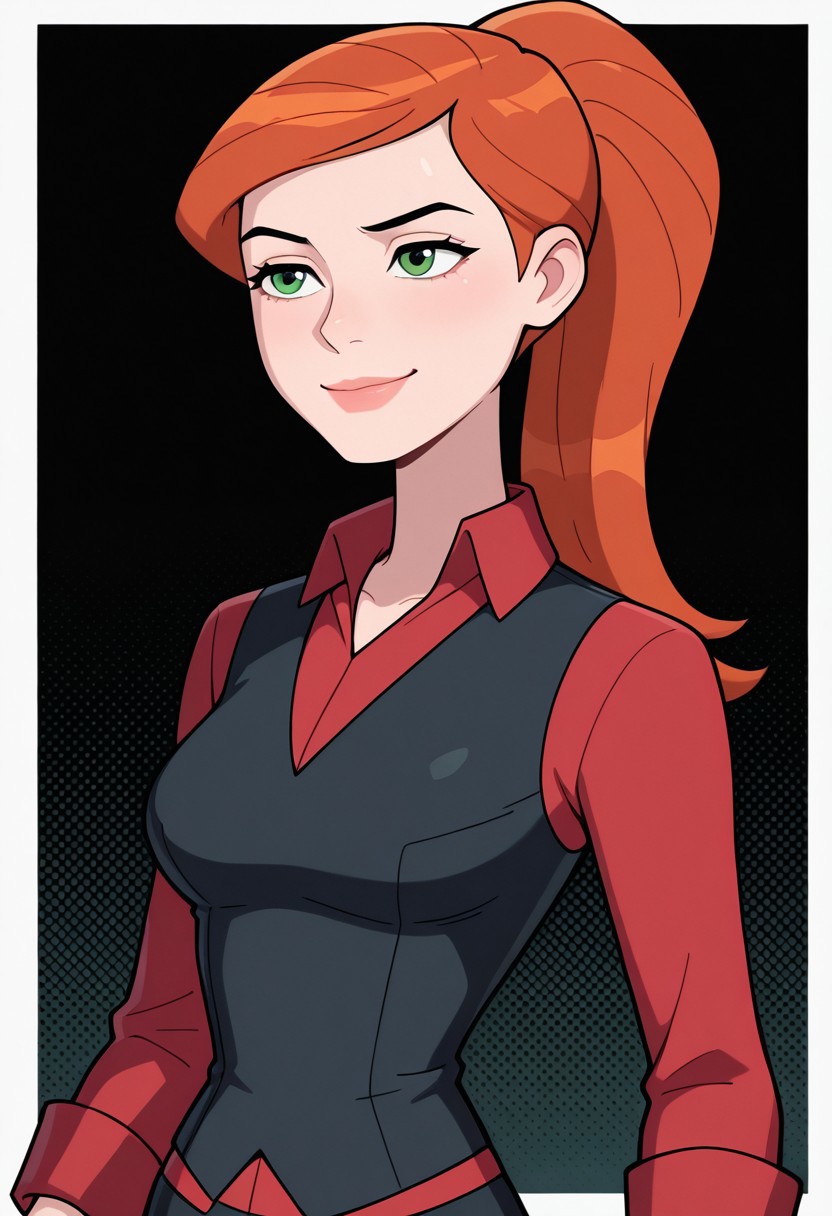 gwenuaf, 1girl, ponytail, solo, green eyes, orange hair, lips, breasts, red collared shirt, , long sleeves, red shirt, black vest,, black pants,, smile, upper body, halftone effect, white borders, abstract background:1.2, , masterpiece, best quality, amazing quality, very aesthetic, absurdres, newest, black background,