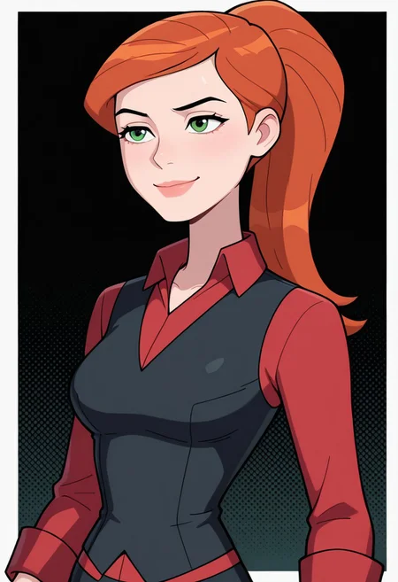 gwenuaf, 1girl, ponytail, solo, green eyes, orange hair, lips, breasts, red collared shirt, , long sleeves, red shirt, black vest,, black pants,, smile, upper body, halftone effect, white borders, abstract background:1.2, , masterpiece, best quality, amazing quality, very aesthetic, absurdres, newest, black background,