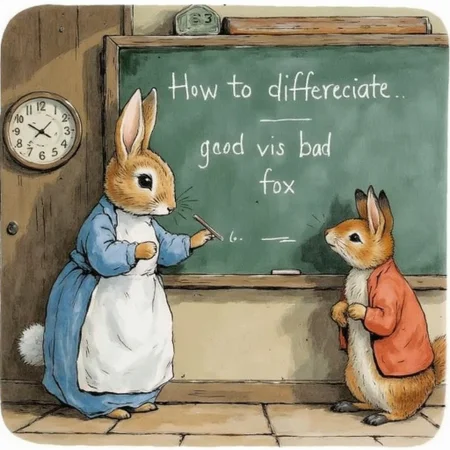 BPstyle, drawing, a rabbit teacher is writing on the chalkboard, chalk writings on chalkboard : "How to differenciate good fox and bad fox"