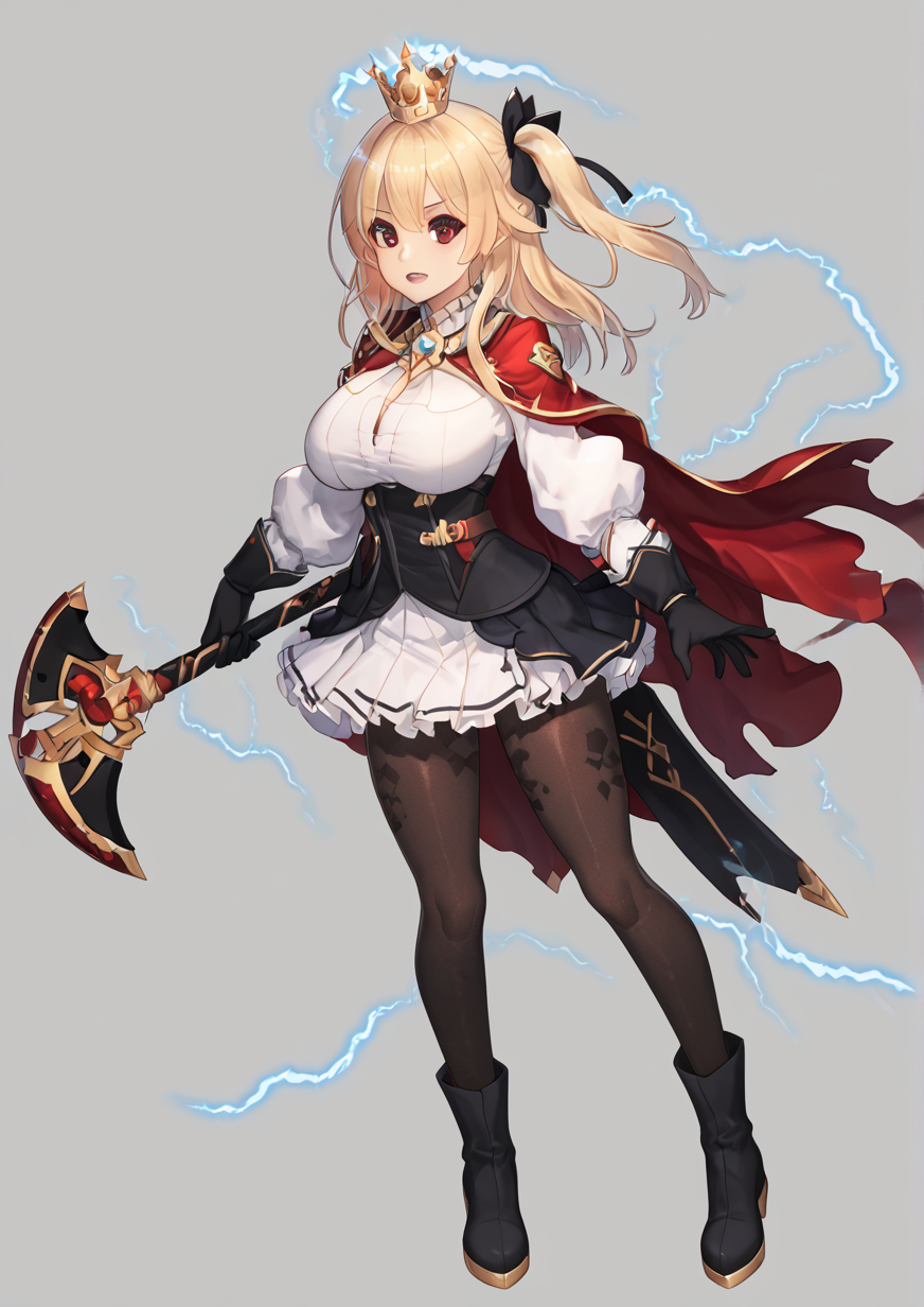 1girl, thor (ark order), huge breast, black footwear, black gloves, black pantyhose, black ribbon, black skirt, blonde hair, boots, cape, crown, electricity, full body, gloves, hair ribbon, half gloves, hammer, holding, holding hammer, long sleeves, mjolnir (mythology), pantyhose, puffy long sleeves, puffy sleeves, red cape, red eyes, ribbon, skirt, solo, tachi-e, thighband pantyhose, transparent background, two-sided fabric, two-sided skirt, two side up, white skirt,<lora:rikume:1>