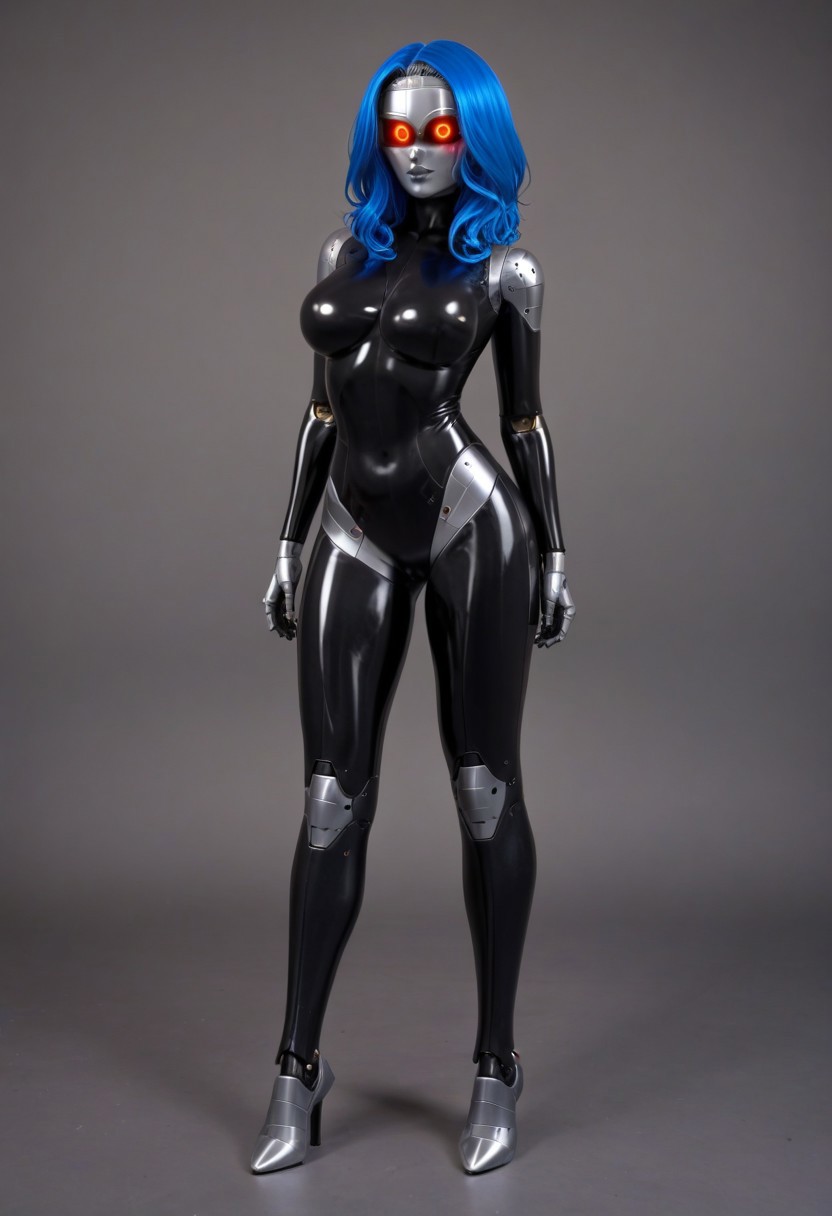 solo, A 35mm full length photo of  a beautiful 20 year old woman, she is a humanoid robot , robotic body, black robotic eyes, freckles, smooth featureless silver grey robotic skin, robotic aerials, metallic dark blue hair, elegant black latex bodysuit with white trim
TheFaceLess