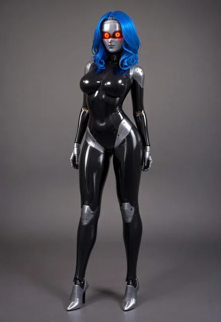 solo, A 35mm full length photo of a beautiful 20 year old woman, she is a humanoid robot , robotic body, black robotic eyes, freckles, smooth featureless silver grey robotic skin, robotic aerials, metallic dark blue hair, elegant black latex bodysuit with white trim
TheFaceLess