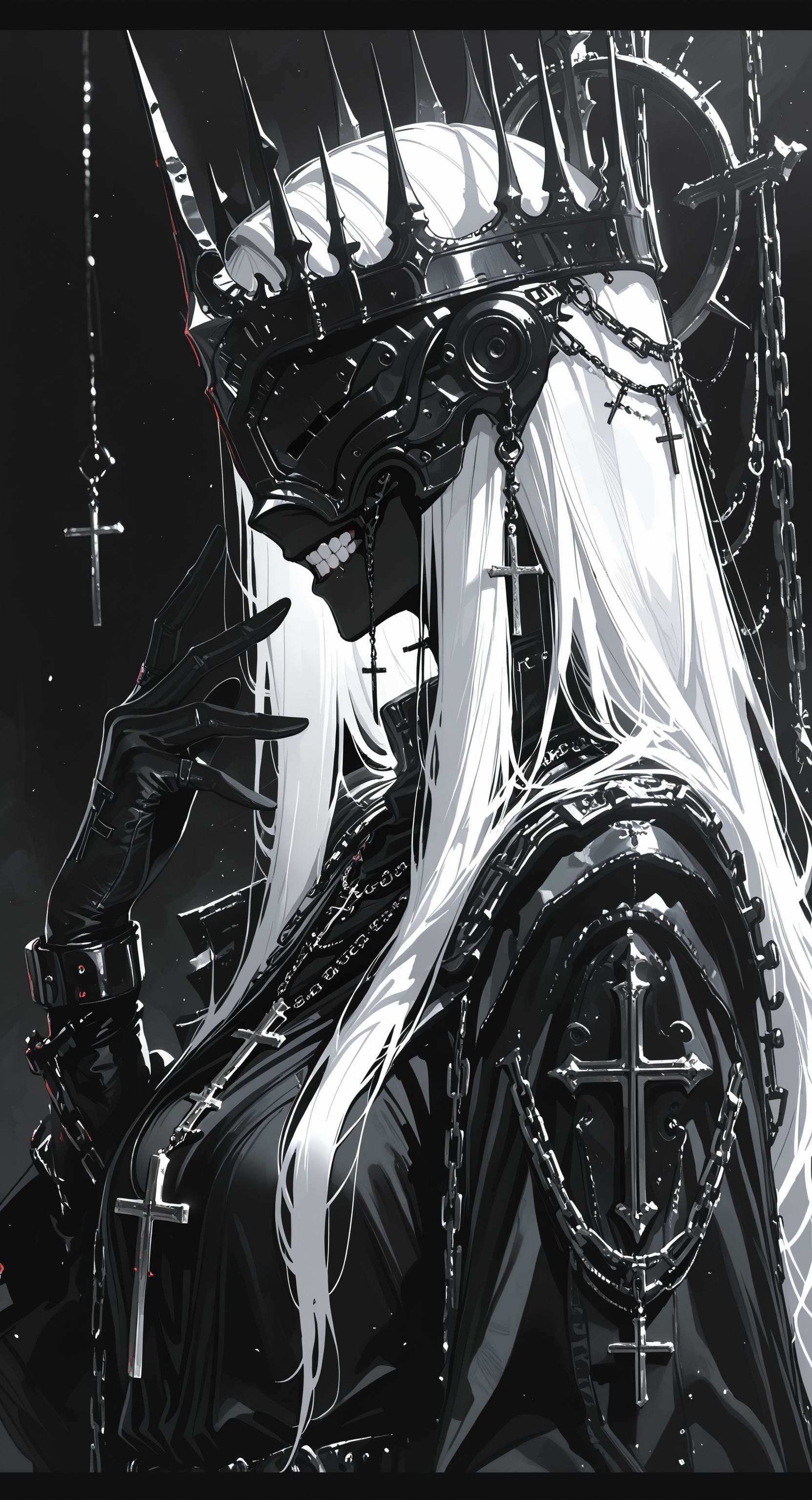 masterpiece, best quality, good quality, very awa, newest, highres, absurdres, 1girl, solo, long hair, gloves, dress, jewelry, upper body, white hair, teeth, black gloves, hand up, necklace, black dress, from side, mask, chain, helmet, cross, crown, letterboxed, covered eyes, cross necklace, black skin, limited palette, h4ra_illu <lora:illustriousXL_stabilizer_v1.23:0.3> <lora:NOOB_vp1_detailer_by_volnovik_v1:0.3> <lora:ponyv6_noobE11_2_adamW-000017:0.3> <lora:114558v4df2fsdf5:0.6> <lora:XXX667:0.4> <lora:-_iLL_-_the_edgy_mech_V2.0-:0.8>