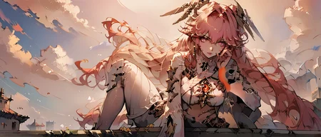 zPDXL3, score_9_up, score_8_up, score_7_up, (Anime_source), 1girl, solo, fullbody, Pyroath drone, looking at viewer, sitting on rooftop, from below, from front, dutch angle, pink lips, big breasts,
<lora:Lucia-Pyroath:1> Pyroath, crimson eyes, cream hair, long hair, Pyroath clothes,
<lora:cnv3mdde878c738thn20:1>,
<lora:CleanDetailed_Eyes:0.5>detailed eyes,