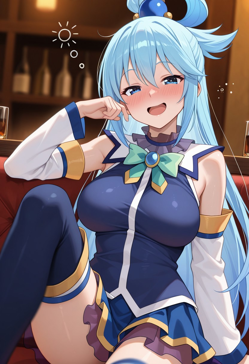 masterpiece, best quality, good quality, very aesthetic, absurdres, newest, 8K, detailed anime, depth of field, focused subject, vibrant colours, anime, BREAK side portrait of Aqua (Konosuba), drunk, happy