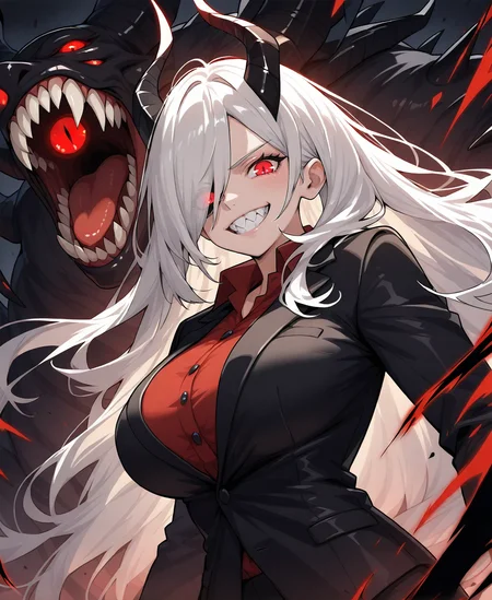 eps, 1girl, solo, long_hair, breasts, looking_at_viewer, smile, shirt, large_breasts, red_eyes, jacket, upper_body, white_hair, horns, teeth, hair_over_one_eye, grin, black_jacket, glowing, formal, demon_girl, demon_horns, sharp_teeth, suit, red_shirt, glowing_eyes, monster, black_horns, evil_smile, glowing_eye, demon, <lora:se_v1_epic_style:0.9>