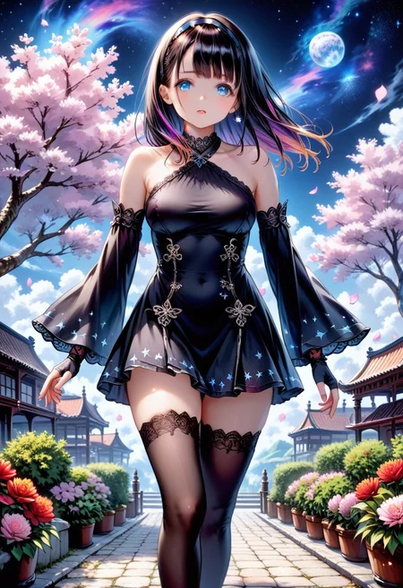 score_9, score_8_up, score_7_up, 1girl, solo, HimenoMP, scenery, (big breasts:0.8). (wide thighs:1.1), (wide hips:1.1), (mature woman:1.1), (detailed eyes, Eyes in high definition, eyes with a lot of detail), (best quality:1.4), a close up of a woman with colorful hair, anime girl with cosmic hair, rossdraws pastel vibrant, artwork in the style of guweiz, fantasy art style, colorful, vibrant fantasy style, rossdraws cartoon vibrant, cosmic and colorful, guweiz, colorfull digital fantasy art, stunning art style, beautiful anime style, black thighhighs, fingerless gloves, black detached sleeeves, wide sleeves, bare shoulders, halterneck, sleeveless dress, black skirt, black dress, black choker, blue veil, hairband, calover