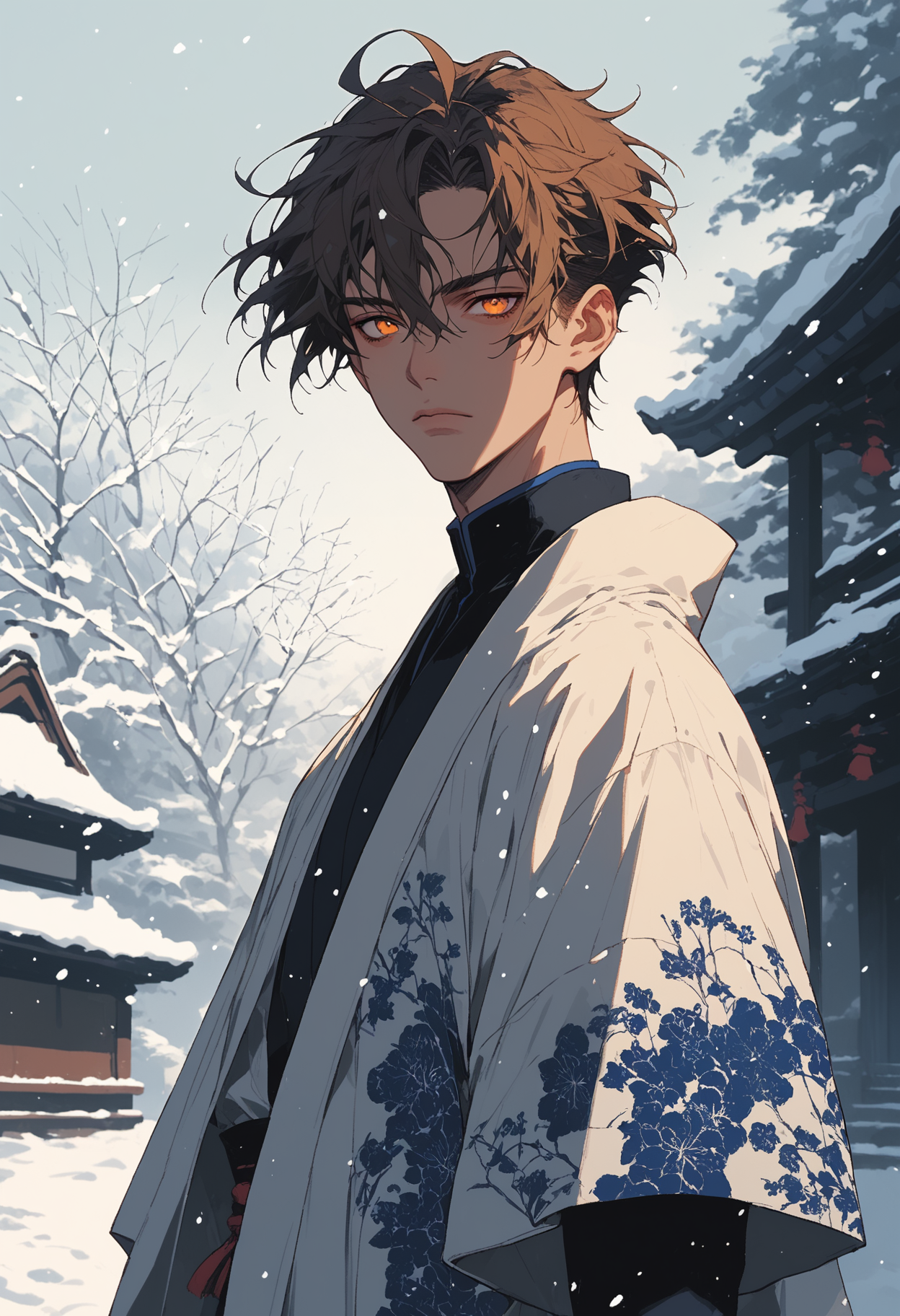 score_9, score_8_up, score_7_up,source_anime,1boy,solo,brown hair,blunt hair,hair between eyes,ahoge hair,orange eyes,perfecteyes,eyebrows,white kimono,blue lining,floral print,snow,snowing,japanese temple behind him,trees,plants,looking at viewer,from the side,sinozick,flat colors,(full body)