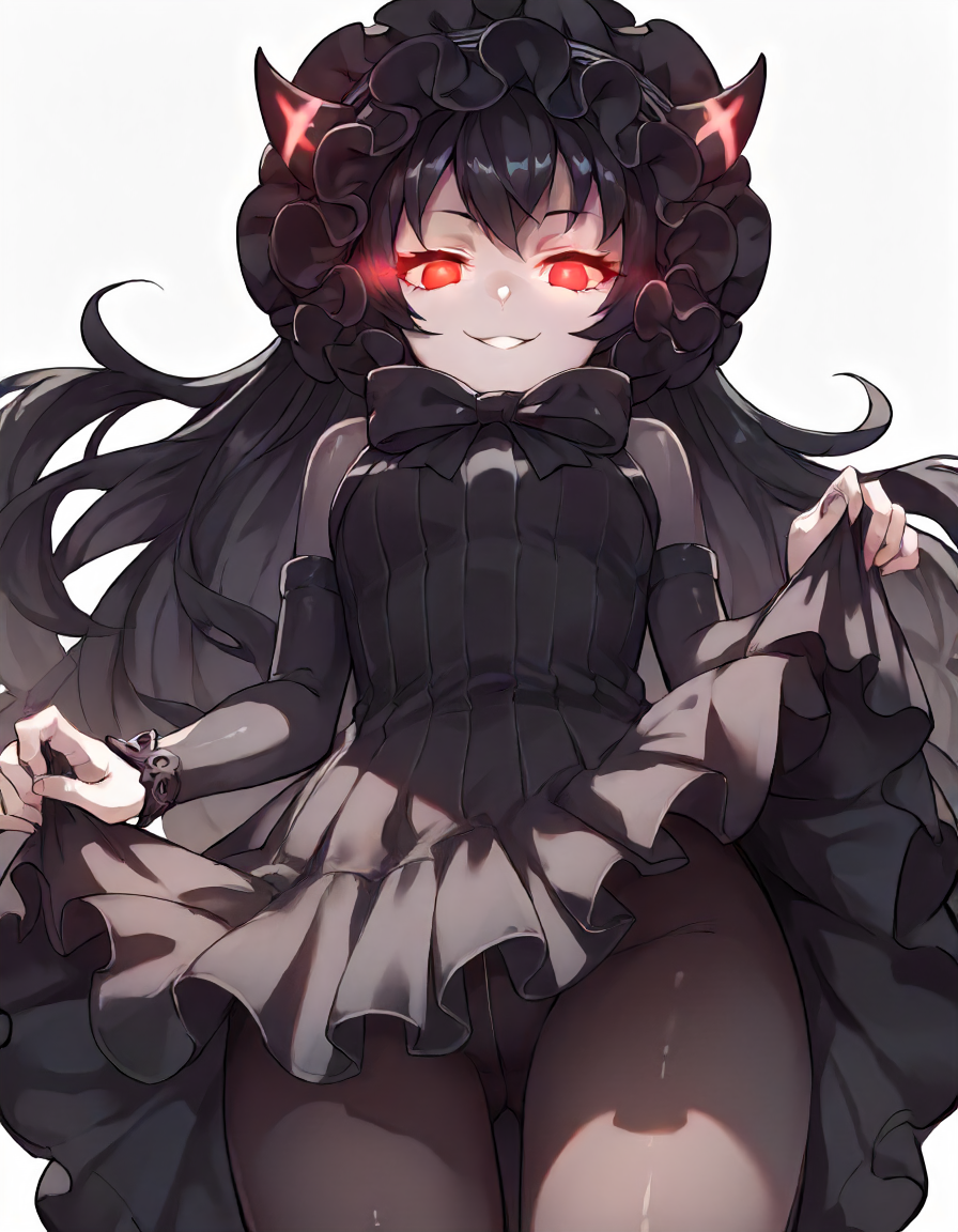 score_9,score_8_up,score_7_up,source_anime,1girl,cowboy shot,looking at viewer,from below,
<lora:isolatedislandoni_ponyXLV6:0.8>,asiion,seducive smile,clothes lift,
pale skin,black hair,long hair,red eyes,glowing eyes,horns,bonnet,black bow,
black dress,black pantyhose