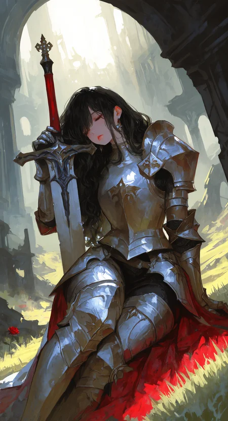 masterpiece, best quality, good quality, very aesthetic, absurdres, newest,1girl, solo, long_hair, black_hair, sitting, earrings, armor, lips, wavy_hair, grass, sleeping,shoulder_armor, gauntlets, pauldrons, red_rose, breastplate, greaves, faulds, knight, full_armor, plate_armor, Leaning on a greatsword, ruins,Injuried,Watercolor, sunlight,sunbeam,Dutch Angle, <lora:ponyv5_noobV065S_1_adamW-000013:0.7> <lora:USNR_STYLE_XL_lokr:0.45> <lora:GBF_Illustrious:0.4> <lora:745cmSDXLvpred75S:0.45> <lora:ILwatercolor:0.3> <lora:96YOTTEA-WAI:0.3>