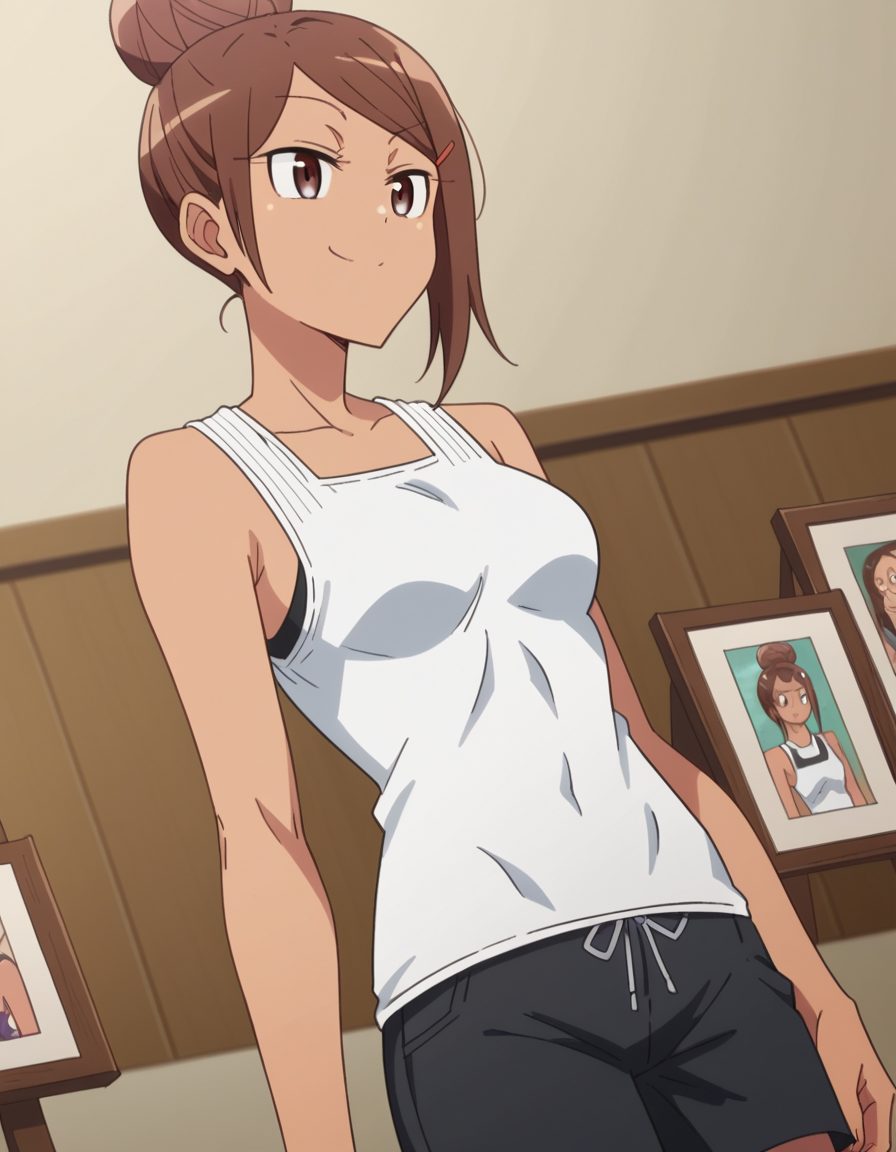 score_9, score_8_up, score_7_up, source_anime, <lora:ayaka-uehara-s1-ponyxl-lora-nochekaiser:1>, ayaka uehara, brown hair, hair ornament, brown eyes, hairclip, dark skin, hair bun, dark-skinned female, single hair bun, medium breasts,, shirt, white shirt, shorts, sleeveless, sleeveless shirt, black shorts, tank top,, museum, art exhibit, paintings, observing, quiet contemplation, cultural experience, smile, , smug, solo,, cowboy shot, dutch angle,