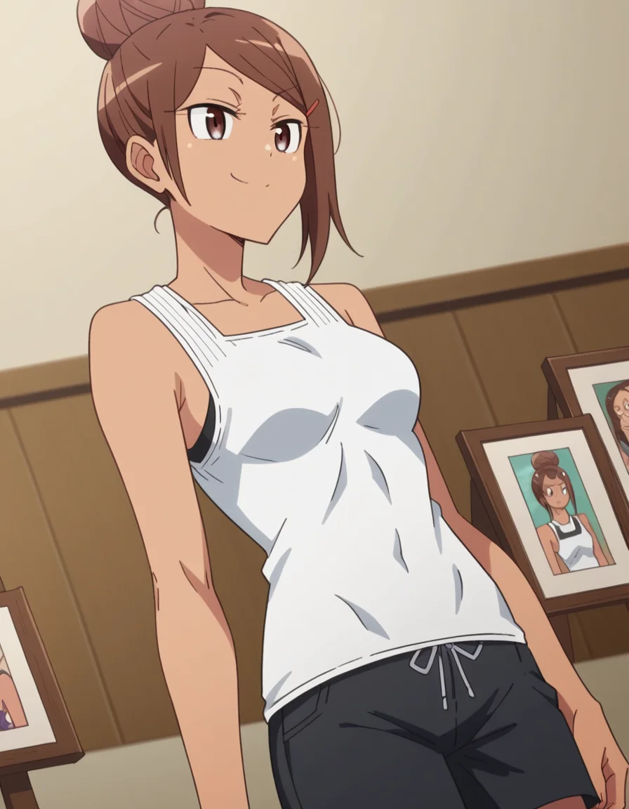 score_9, score_8_up, score_7_up, source_anime, <lora:ayaka-uehara-s1-ponyxl-lora-nochekaiser:1>, ayaka uehara, brown hair, hair ornament, brown eyes, hairclip, dark skin, hair bun, dark-skinned female, single hair bun, medium breasts,, shirt, white shirt, shorts, sleeveless, sleeveless shirt, black shorts, tank top,, museum, art exhibit, paintings, observing, quiet contemplation, cultural experience, smile, , smug, solo,, cowboy shot, dutch angle,