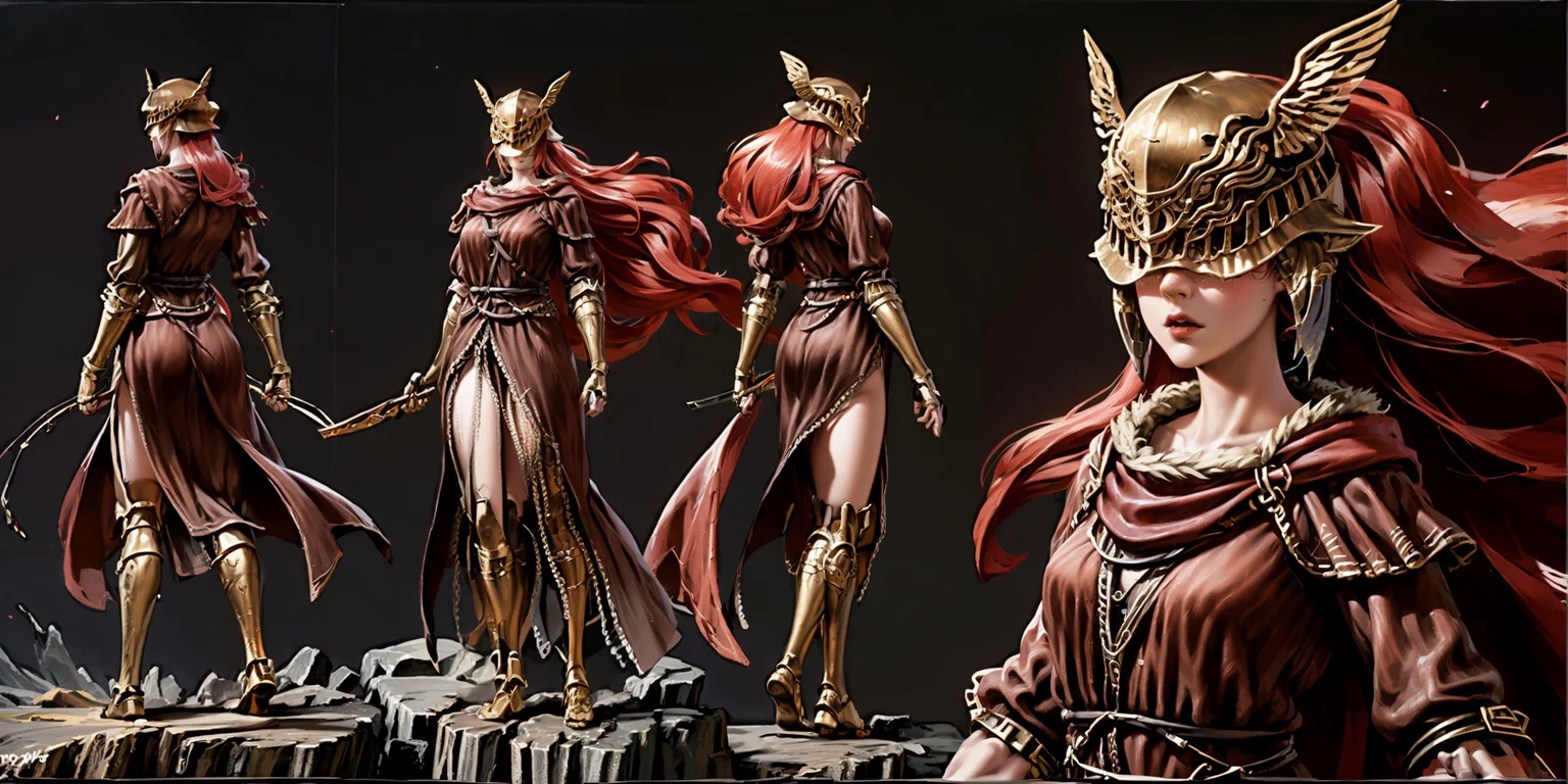 (eldenring\(type2\):1.8), eldenring\(malenia\), (8k, RAW photo, best quality, masterpiece:1.2), (realistic, photo-realistic:1.37),winged helmet, very long hair, dress, 1girl, (long red cape:1.3), solo, mecha right arm, mecha left leg, upper body, (cursed_left_arm), very long hair, red hair, red cape, dress, covered eyes, closed mouth, full body,(right hand prosthesis:1.3), (((left hand is nature))), ((prosthesis left leg:1.2)),(right leg is nature:1.1), holding ((malenia_blade)) in right hand, face to the viewer, , tattoo, butterfly,((bug)),golden mark on the cape, standing, ((bare foot covered by armor)), looking at aiming at viewer, s(simple background, white background:1.3), (multiple views of same character), (same clothes:1.3), (same hair style:1.3),masterpiece, best quality, charturnerv2,
