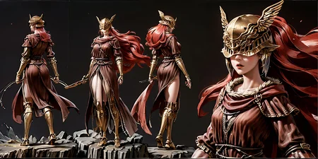 (eldenring\(type2\):1.8), eldenring\(malenia\), (8k, RAW photo, best quality, masterpiece:1.2), (realistic, photo-realistic:1.37),winged helmet, very long hair, dress, 1girl, (long red cape:1.3), solo, mecha right arm, mecha left leg, upper body, (cursed_left_arm), very long hair, red hair, red cape, dress, covered eyes, closed mouth, full body,(right hand prosthesis:1.3), (((left hand is nature))), ((prosthesis left leg:1.2)),(right leg is nature:1.1), holding ((malenia_blade)) in right hand, face to the viewer, , tattoo, butterfly,((bug)),golden mark on the cape, standing, ((bare foot covered by armor)), looking at aiming at viewer, s(simple background, white background:1.3), (multiple views of same character), (same clothes:1.3), (same hair style:1.3),masterpiece, best quality, charturnerv2,