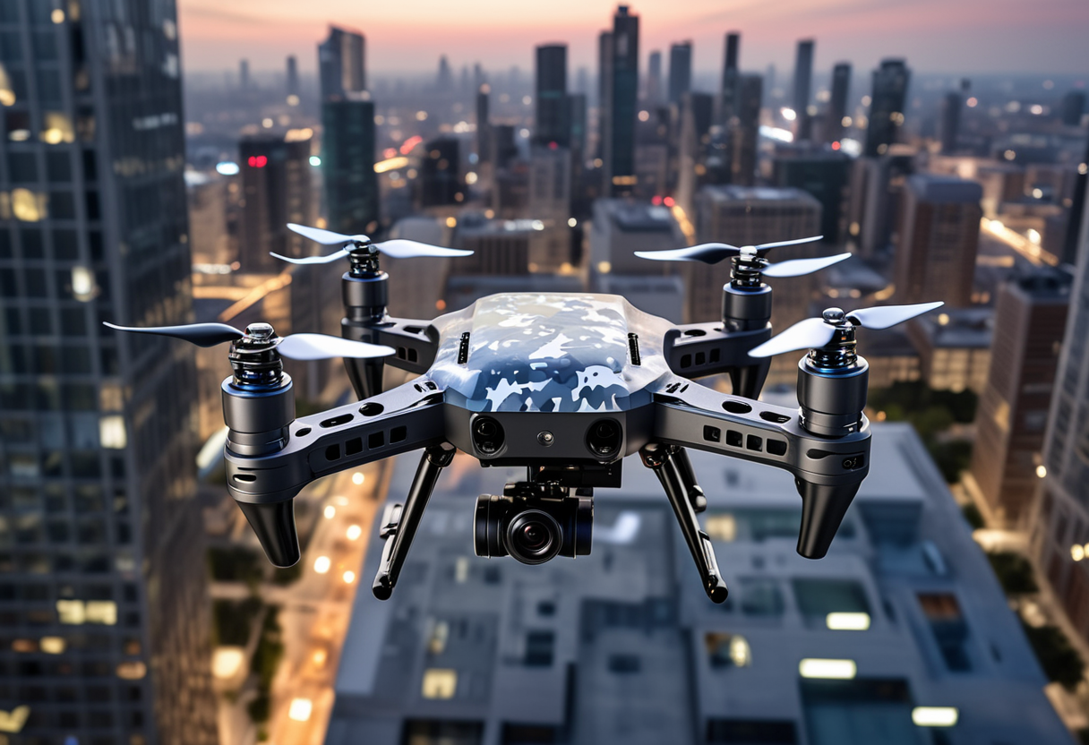 award winning, (professional photo) of (lightweight micro camouflaged drone) with aluminum-alloy body, hydrogen fuel cells, quadcopter design,   the drone is flying over  an urban high-rise area, with towering buildings, glass facades reflecting the sky, and a sense of modernity and progress, under the stars, , creative, beautiful, vibrant, masterpiece, 64k, UHD, HDR, full view, atmospheric lighting, extremely detailed