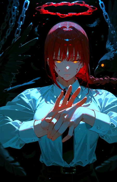1girl,adult,tall female,long hair,single braid,yellow eyes,small eyes,glowing eyes,expressionless,(half-closed eyes:1.2),medium breasts,standing,pale skin,white collared shirt,long sleeves,black trouser,black necktie,
close up,face focus,red tone,light leaks,cinematic lighting,deep glow effect,depth of field,<lora:lowlight:0.6>,makima \(chainsaw man\),falling black feathers,horror \(theme\),<lora:chainsawman_pose_makima_pony>,own hands together,large dark figure behind,blood chains,blood halo,, score_9,score_8_up,score_7_up