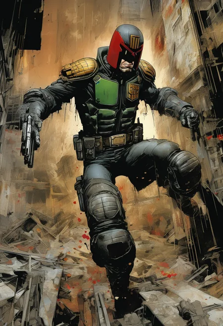 score_9, source_Poster, (Part 1 above, Part 2 below)Tortured by SIMON BISLEY, art station, full color. (Judge Dredd),vector