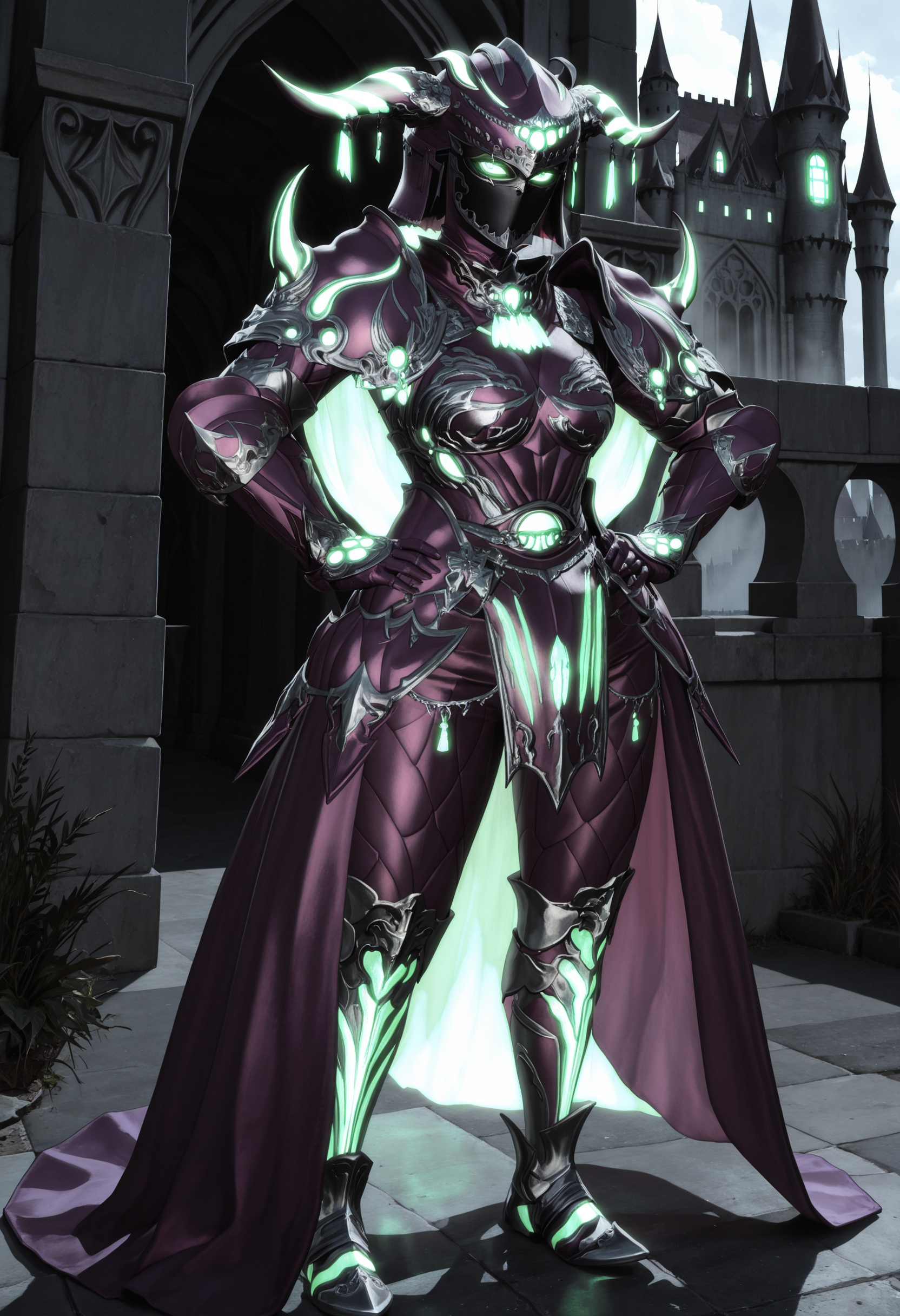 masterpiece, best quality, absurdres, highres, newest, <lora:cfg_scale_boost:.7>, full body, hands on own hips, 
 <lora:ElementalArmor_IL:1>
elearmor, 
green trim,glowing armor, glowing eyes, green eyes,
horned helmet, 
black mask,
purple breastplate, purple pauldrons, 
purple gauntlets,
purple pants, purple waist cape,
 armored boots,  
looking at viewer, 
castle, fantasy, medieval, 
complex composition, detailed eyes, detailed body, ultra detailed, masterpiece, best quality, amazing quality, very aesthetic, realistic, photorealistic,