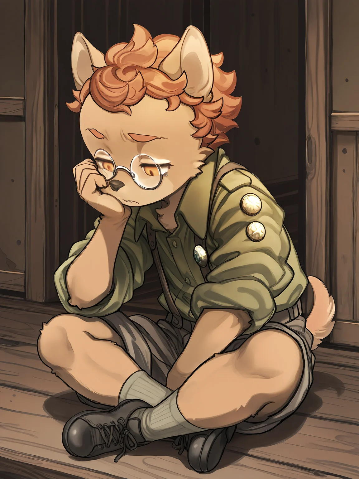 BREAK, <lora:Socks_Million_Illustrious_V1:1>, Socks Million, Fuga: Melodies of Steel, kemono, furry male, young male, 1boy, dog boy, cream fur, orange eyes, orange hair, black nose, animal ears, dog ears, pointy ears, dog tail,
BREAK, Fuga 1 Outfit, black shoes, socks, shorts, suspenders, pins, green button-up, rolled up sleeves, glasses,
BREAK, solo, inside, full body, sitting, legs crossed, looking down, tired, head on hand, narrowed eyes,