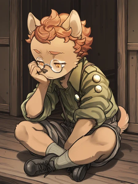 BREAK, <lora:Socks_Million_Illustrious_V1:1>, Socks Million, Fuga: Melodies of Steel, kemono, furry male, young male, 1boy, dog boy, cream fur, orange eyes, orange hair, black nose, animal ears, dog ears, pointy ears, dog tail,
BREAK, Fuga 1 Outfit, black shoes, socks, shorts, suspenders, pins, green button-up, rolled up sleeves, glasses,
BREAK, solo, inside, full body, sitting, legs crossed, looking down, tired, head on hand, narrowed eyes,
