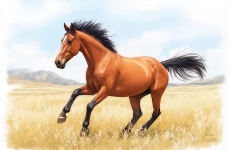 Sharp image of a rough sketch, rendered in vibrant multi colour ballpoint pen, capturing the adorable features of a digital painting of a horse galloping in a field. The horse is a chestnut color with a black mane and tail. It is galloping with its front legs stretched out and its head turned to the side. The field is covered in tall grass and there are mountains in the background. The sky is cloudy and the overall mood of the image is peaceful and serene.  p3nsk, <lora:p3nsk:1>