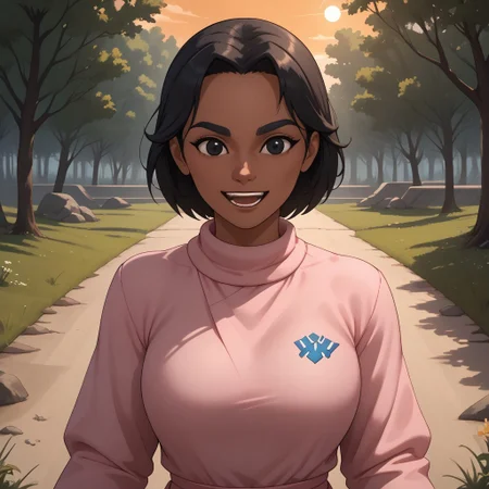 score_9, score_8, BREAK, solo, wii, mii, wii sports, 1girl, female mii, black hair, black eyes, black eyebrows, open mouth, pink clothing, white pants, shoes, breasts, nintendo mii, modern_mii, classic_mii, Jin_ah_(Wii_Sports), dark skin, dark skin female, sexy pose, self portrait, smile, outdoors, sunlight, shadows, evening lighting, natural lighting, forest, trees, grass, orange sky, sunset