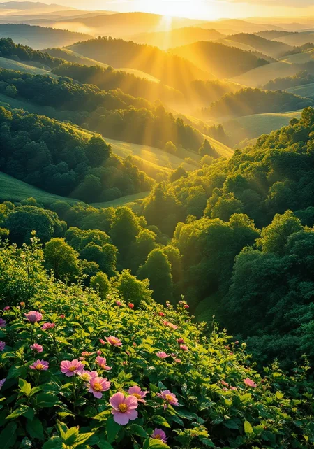 You are an assistant designed to generate superior images with the superior degree of image-text alignment based on textual prompts or user prompts. <Prompt Start> This sweeping aerial view captures a vibrant, lush forest merging with gentle rolling hills under the radiant glow of sunrise through the lens of a high-resolution camera. Intricate textures in dew-kissed leaves are illuminated by soft golden gradients that bathe the expansive landscape. Dynamic beams of sunlight filter through dense canopies, enhancing the scene's vibrancy. A detailed close-up reveals wildflowers with delicate, velvety petals highlighted by ambient, warm light. Mist weaves through ancient, towering trees as rich earth tones blend seamlessly with vivid natural hues. The atmospheric composition is open and evocative, where nature’s textures and intricate details exude serene majesty in 8k masterpiece clarity, featuring intricate natural gradients.