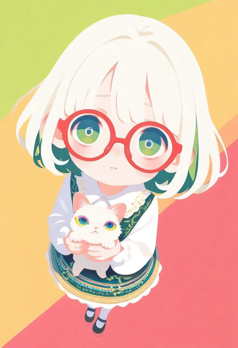 masterpiece, best quality, good quality, very awa, very aesthetic, absurdres, newest, (Perfect details),(****), 1girl, solo, green hair, shy, glasses, ornate clothing, holding cat, (face focus, cat focus):2, full body, foreshortening, perspective, dynamic angle, rainbow fur, white hair, solid color background, haiz_ai, no lineart,no outline