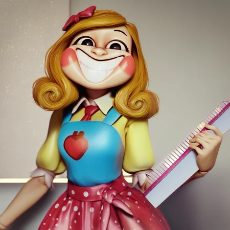 1girl, solo, score_8, half body, miss delight, blonde hair, red hairbow, black eyes, grin, teeth, rosy cheeks, yellow shirt, short sleeves, puffy sleeves, blue apron, collared shirt, red tie, red skirt, long skirt, polka dot skirt, holding ruler, smiling,