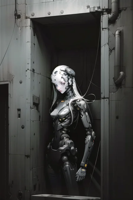 (masterpiece), (best quality), (high resolution), hyper detailed, solo, girl, detailed_background,buried under cables, dim light,  cyborg girl<lora:epiNoiseoffset_v2:1.3>, <lora:blameLora_v10:1>