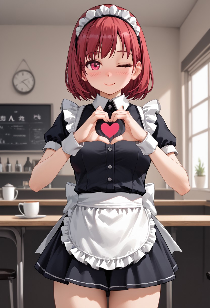 score_4,score_5,score_6,score_7_up,score_8_up,score_9 ((masterpiece,best quality,ultra detailed,highres,HD,4k:1.2)), 
1girl, solo,solo focus,girl focus,face focus,
Maid outfit,Sleeveless, maid headband, frilly apron,Short sleeves, short skirt, thighs,
inside the cafe, ((Make a heart symbol with both hands, heart with both hands,heart hands,heart symbol,heart,heart effect,)), 
blush,shy,smile,((wink,closed one eye)),