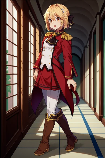 score_9, score_8_up, score_7_up, score_6_up, source_anime, 1girl, solo, <lora:lisciaelfrieden-pdxl-nvwls-v1-000005:1> liscia, blonde hair, short hair, brown eyes, hairclip, hair bow, black ascot, red coat, epaulettes, long sleeves, military uniform, red skirt, white pants, brown boots, looking at you, full body, from side, hallway, open mouth