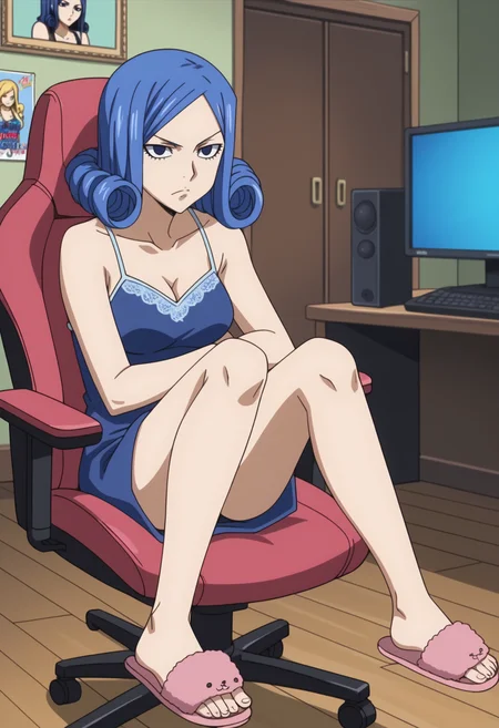 score_9, score_8_up, score_7_up, anime screencap, BREAK, 1girl, (solo:1.2), <lora:DX888Juvia:1>, juvia lockser, blue hair, curly hair, blue eyes, short hair, , BREAK Swimming forward, arms alternating, annoyed, bored, lowered eyelids, Streamer room, gaming chair, gaming PC, game equipment , TV monitor, posters , dark room, webcam, chat log, Lace Loungewear Set - Robe, Camisole, and Slippers